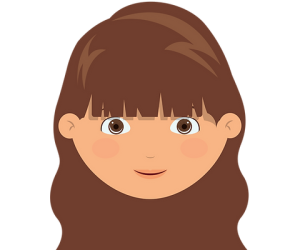 插畫中的女孩擁有棕色長髮、直劉海和棕色眼睛，在素色背景上表現出中性的面部表情。.