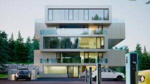 現代化的多層建築，配備大型玻璃窗，四周環繞著樹木，前方的充電站停放著電動車。.