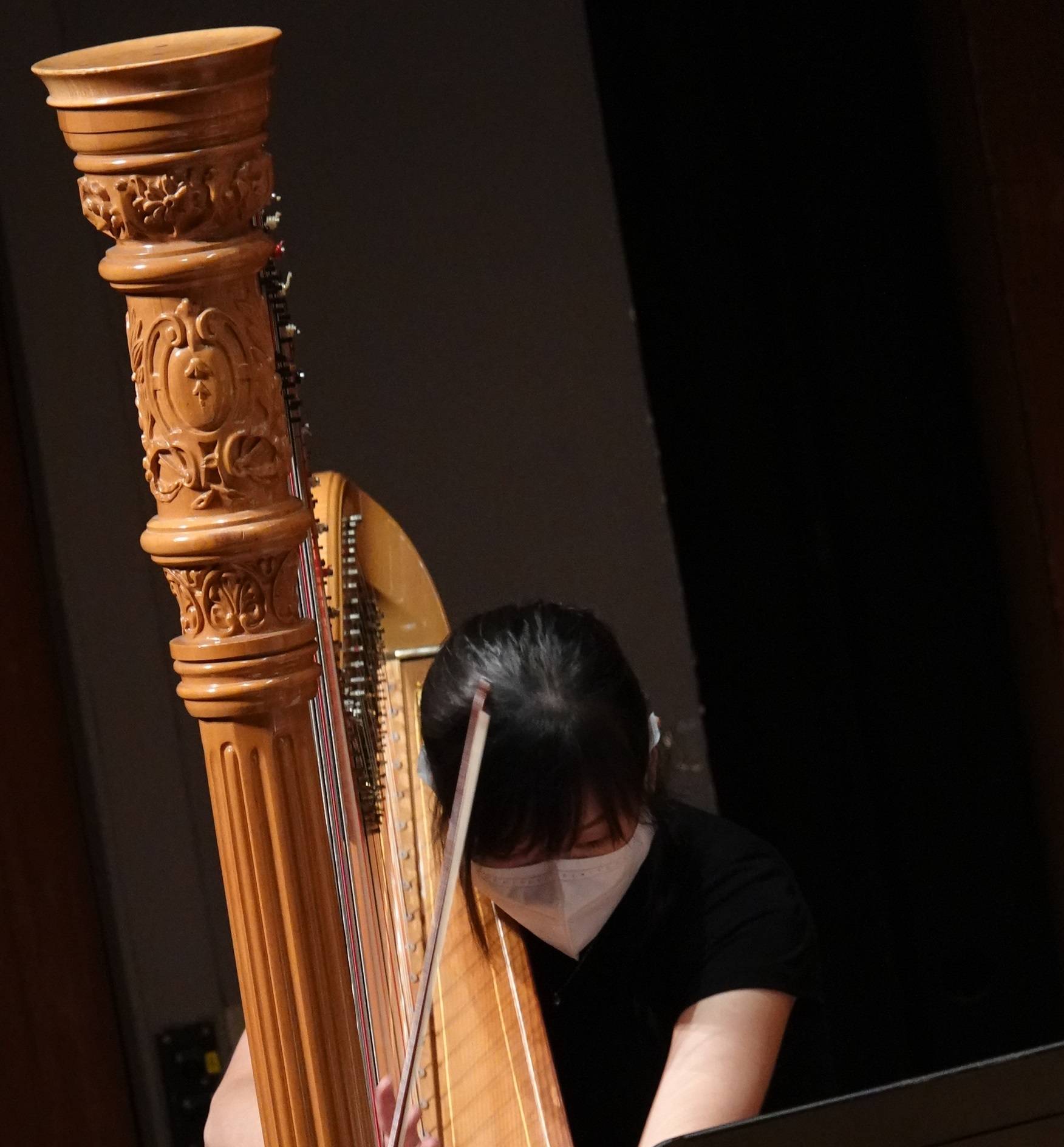 戴著面具的人在台上彈奏豎琴，部分被樂器華麗的柱子遮住。.