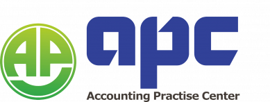 Accounting Practise Center 的標誌，左側為綠色圓形「APC」設計，下方為粗體藍色字母「APC」，並以灰色文字書寫全名。.