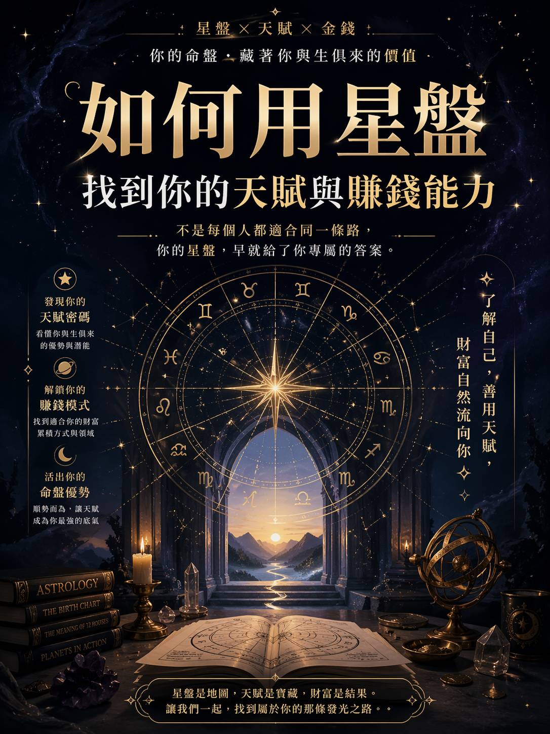 華麗的星相主題中文海報，有天體符號、星座、書籍，以及星空下透過拱門的海景。.