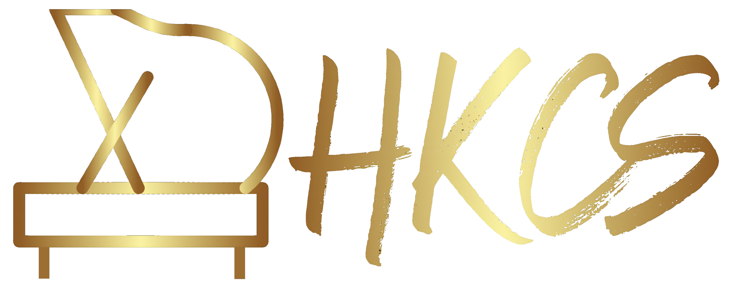 白色背景上，三角鋼琴的金色輪廓，旁邊是粗體金色字母「HKCS」。.