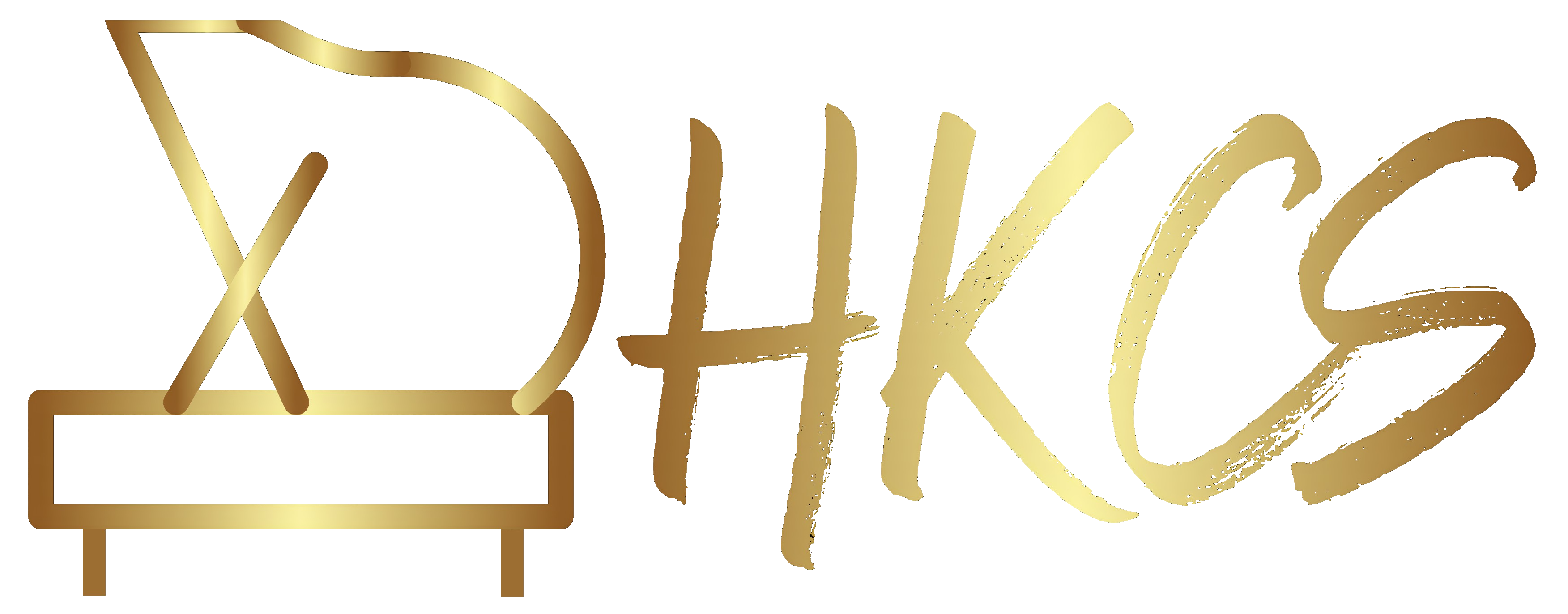 白色背景上，三角鋼琴的金色輪廓，旁邊是粗體金色字母「HKCS」。.