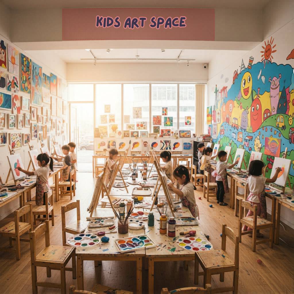 孩子們在裝潢明亮的美術教室內的畫架作畫，牆上掛著色彩繽紛的藝術品，下方的標誌寫著「兒童藝術空間」。.