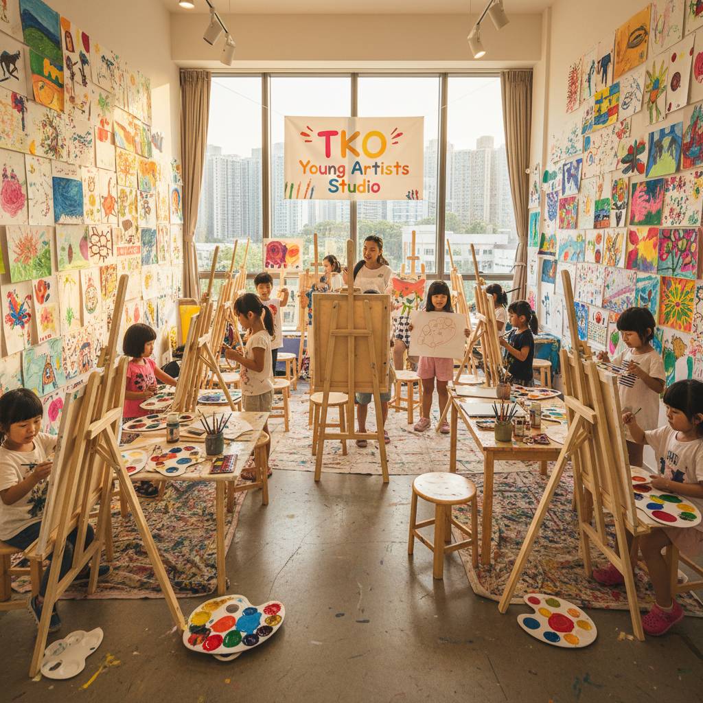 孩子們在燈光明亮的藝術工作室內的畫架作畫，工作室內裝飾著色彩繽紛的藝術品。招牌上寫著 「TKO 青年藝術家工作室」。一位導師站在房間前方。.