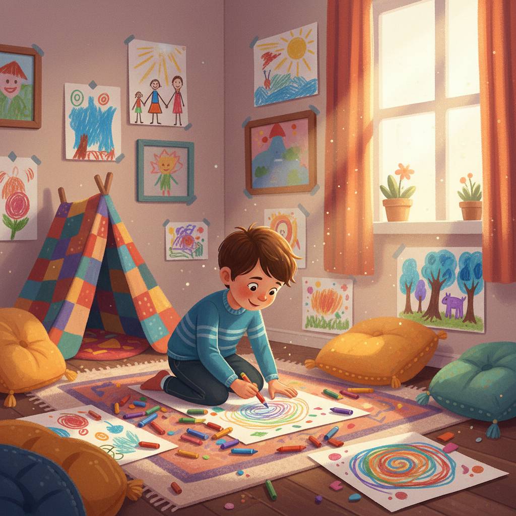 一個小男孩坐在地板上用蠟筆畫畫，舒適的房間裡裝飾著兒童藝術品和靠墊，陽光從窗戶射入。.