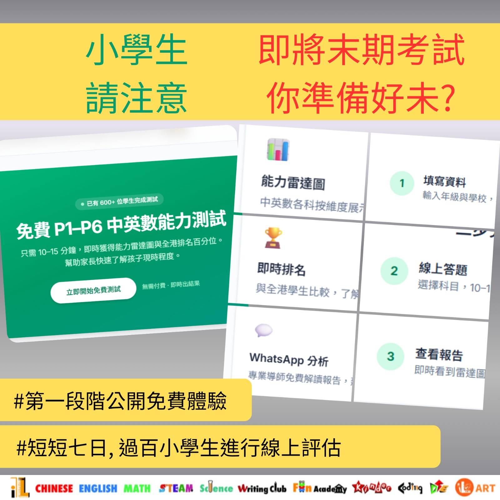 宣傳線上小學生英語和數學評估的橫幅，附有測試詳細資訊和有關免費試用和線上評估的中文標籤。.