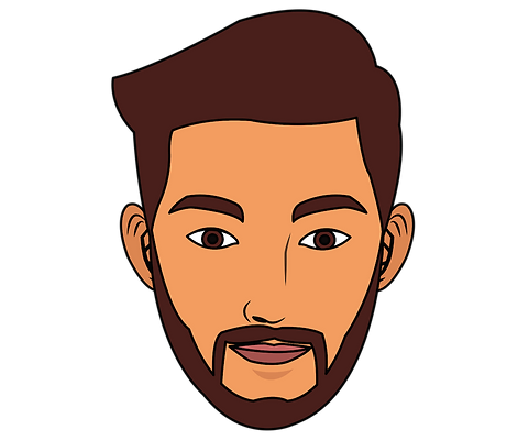 一幅卡通插圖，黑色背景下是一個男人的臉，棕色頭髮、棕色眼睛、鬍子和鬍鬚。.