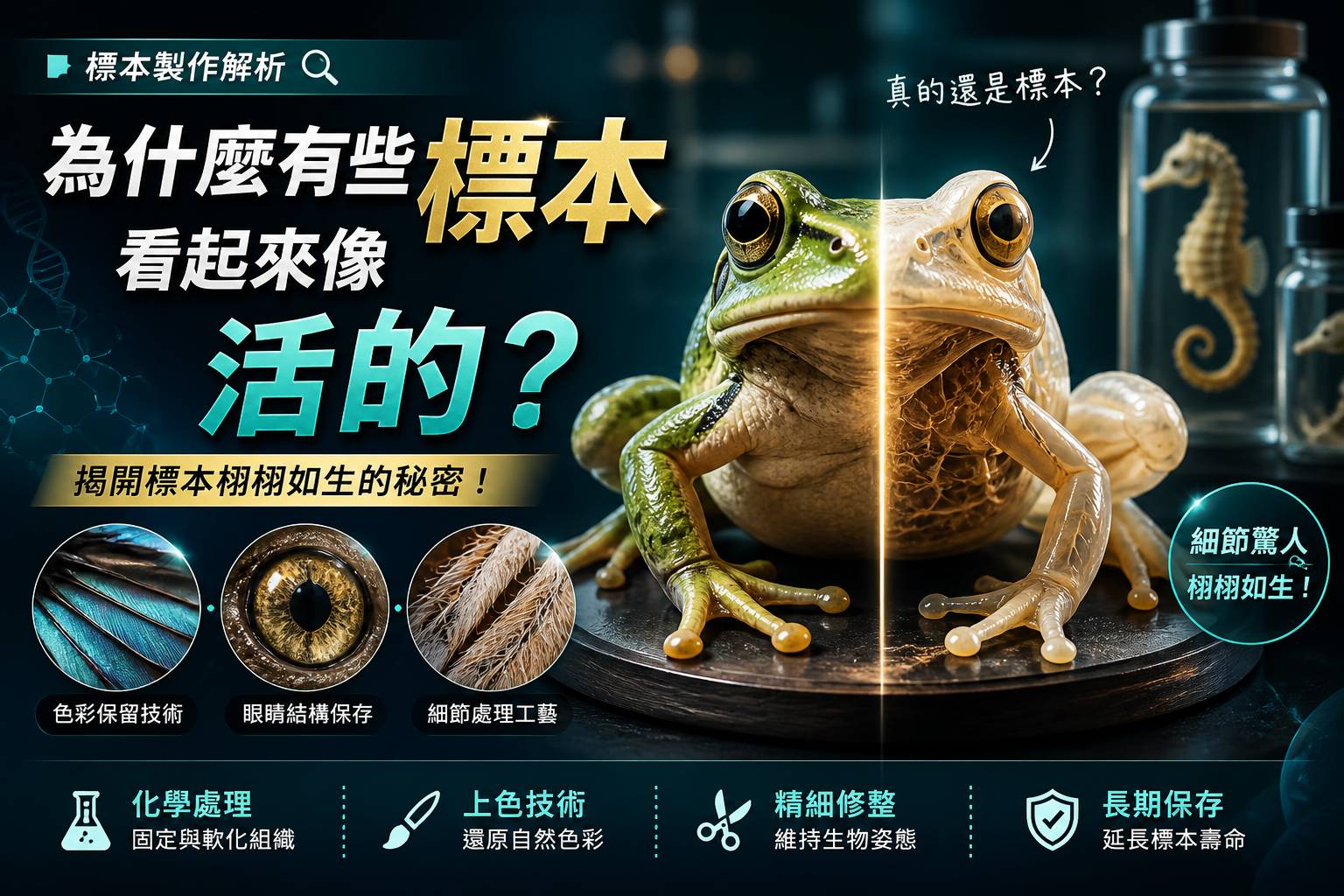 一隻栩栩如生的青蛙標本和一隻保存在罐子裡的青蛙的比較，並有中文文字解釋為什麼有些標本看起來是活的。.