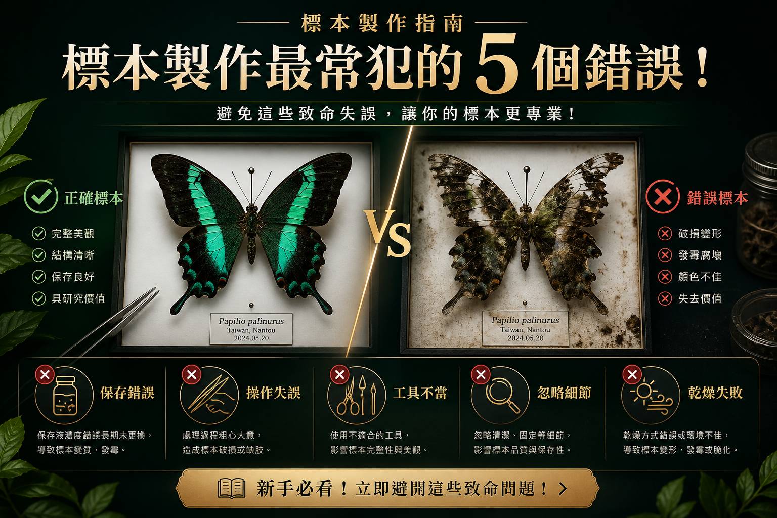兩個蝴蝶標本的比較突出了標本製備中五個常見的錯誤，正確和錯誤的例子並列顯示，並用中文標示。.