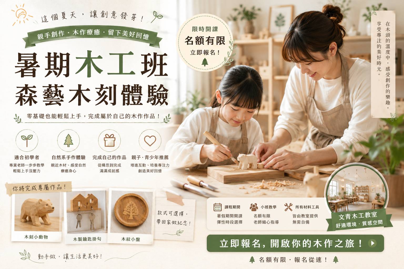 暑期木工和木雕體驗班的宣傳海報，展示雕刻的動物形象、工作坊用品和參與木工活動的人們。文字為中文。.