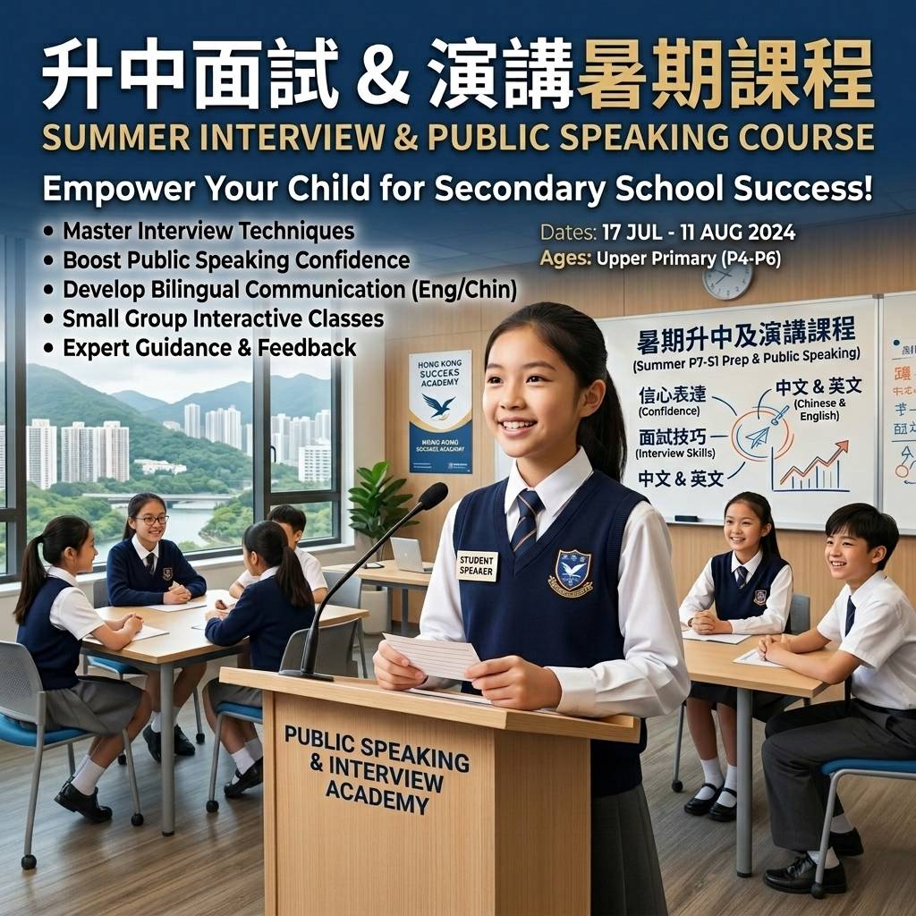 一群穿著校服的學童參加暑期面試及公開演講課程，中英文文本中列出了課程的詳細內容和優點。.