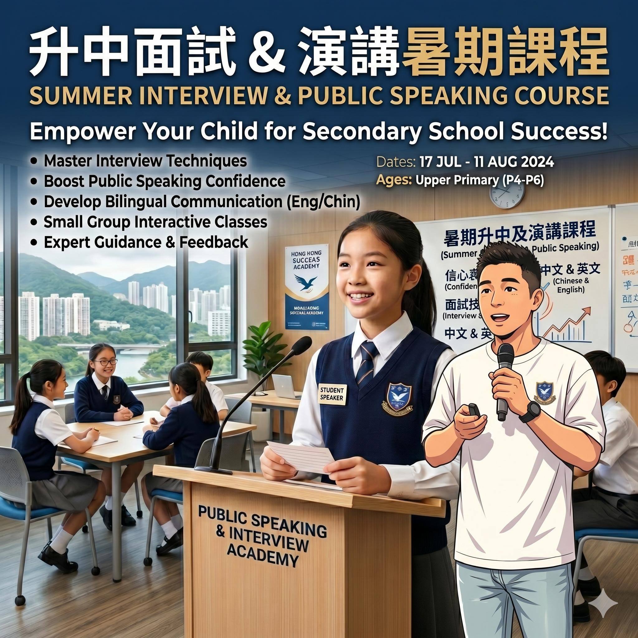 一個女孩在教室的講台上說話，其他人在旁聽。宣傳文字為高小學生的暑期面試和公開演講課程打廣告。.
