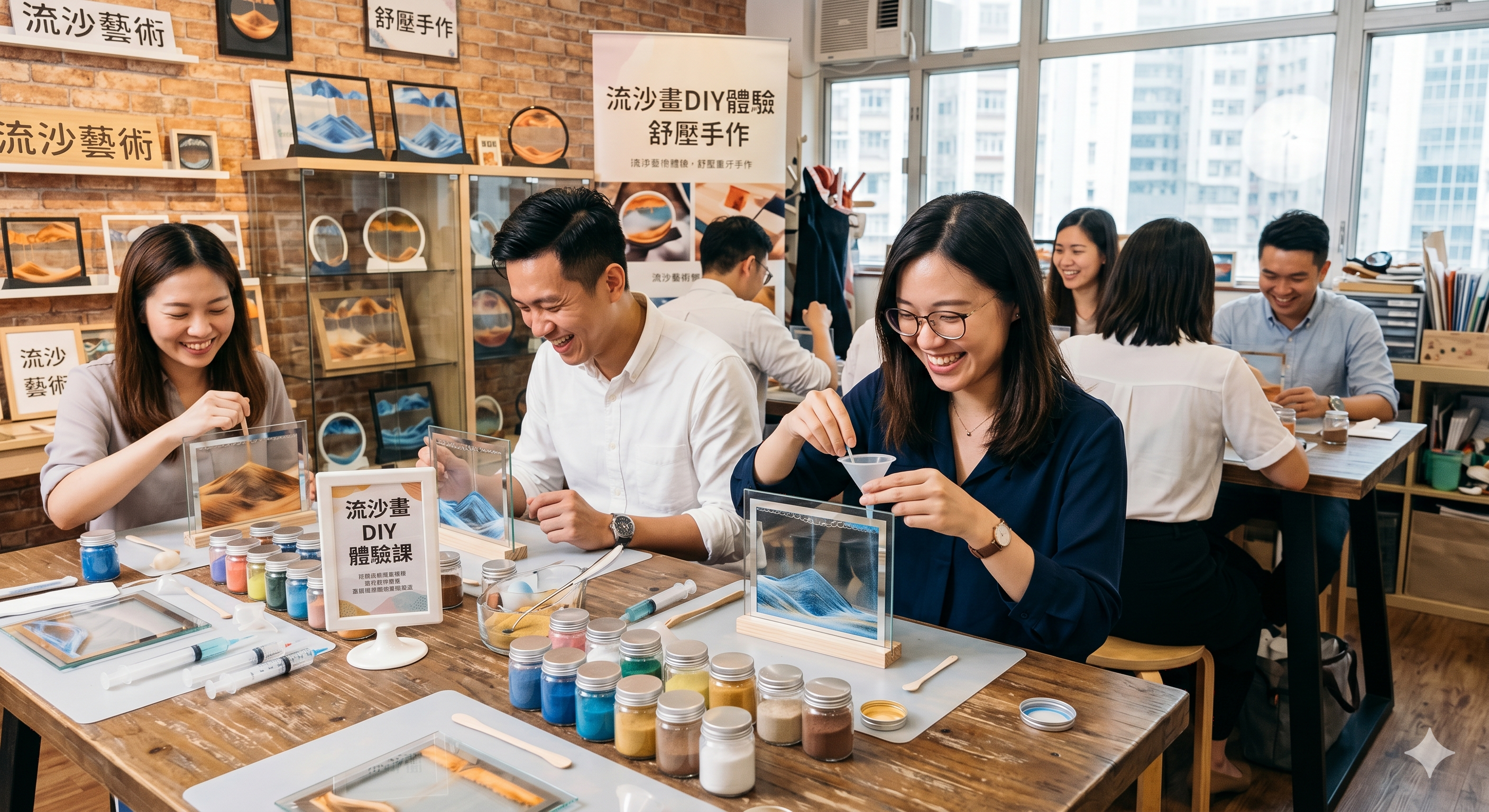 一群人坐在明亮工作室的桌子旁，用彩色粉末和透明框架製作 DIY 沙畫。藝術用品整齊地排列在桌上。.