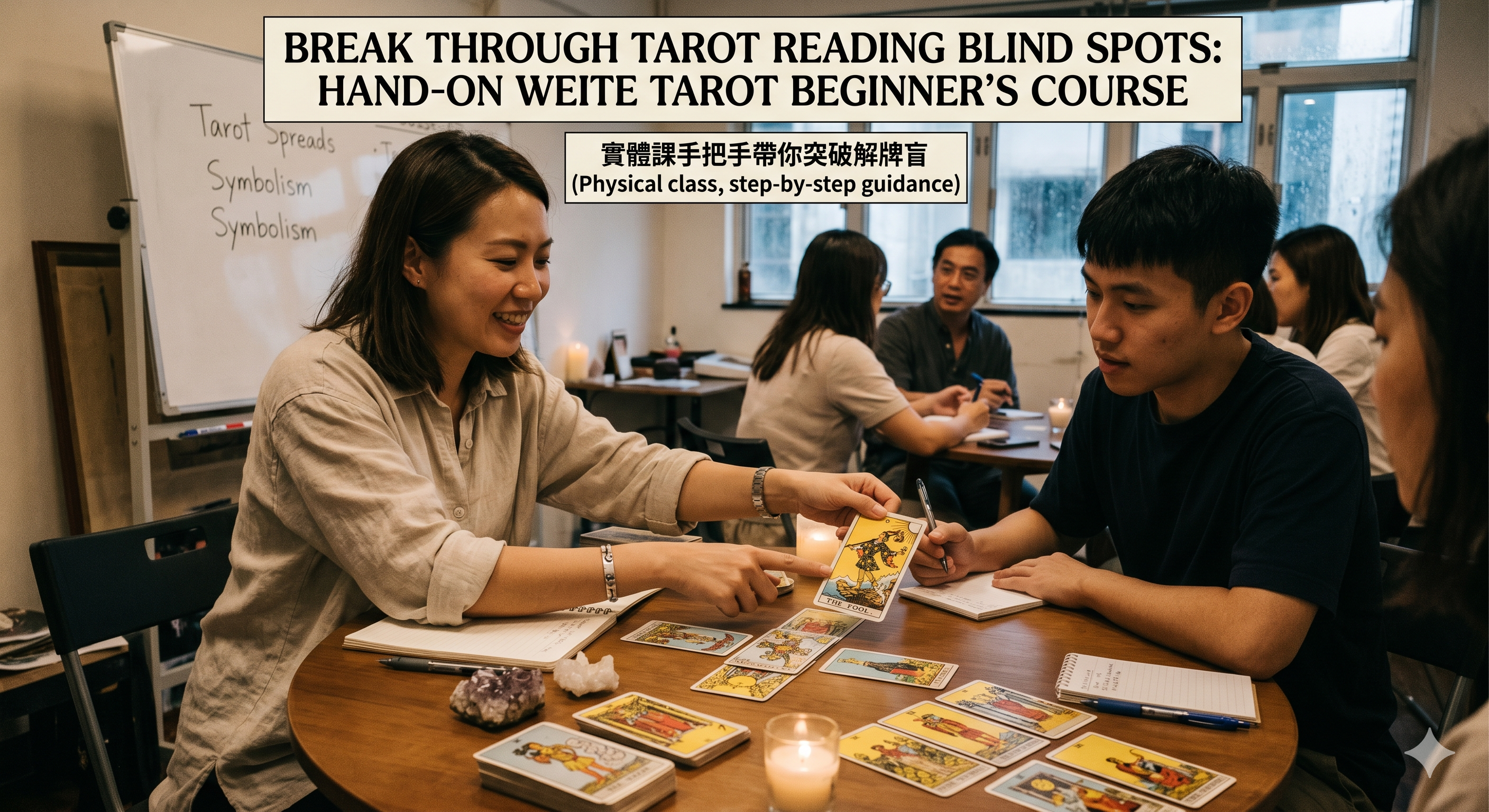 兩個人拿著塔羅牌坐在桌前，正在參加塔羅牌閱讀課。其他人則在教室裡，桌上放著筆記簿和學習材料。.