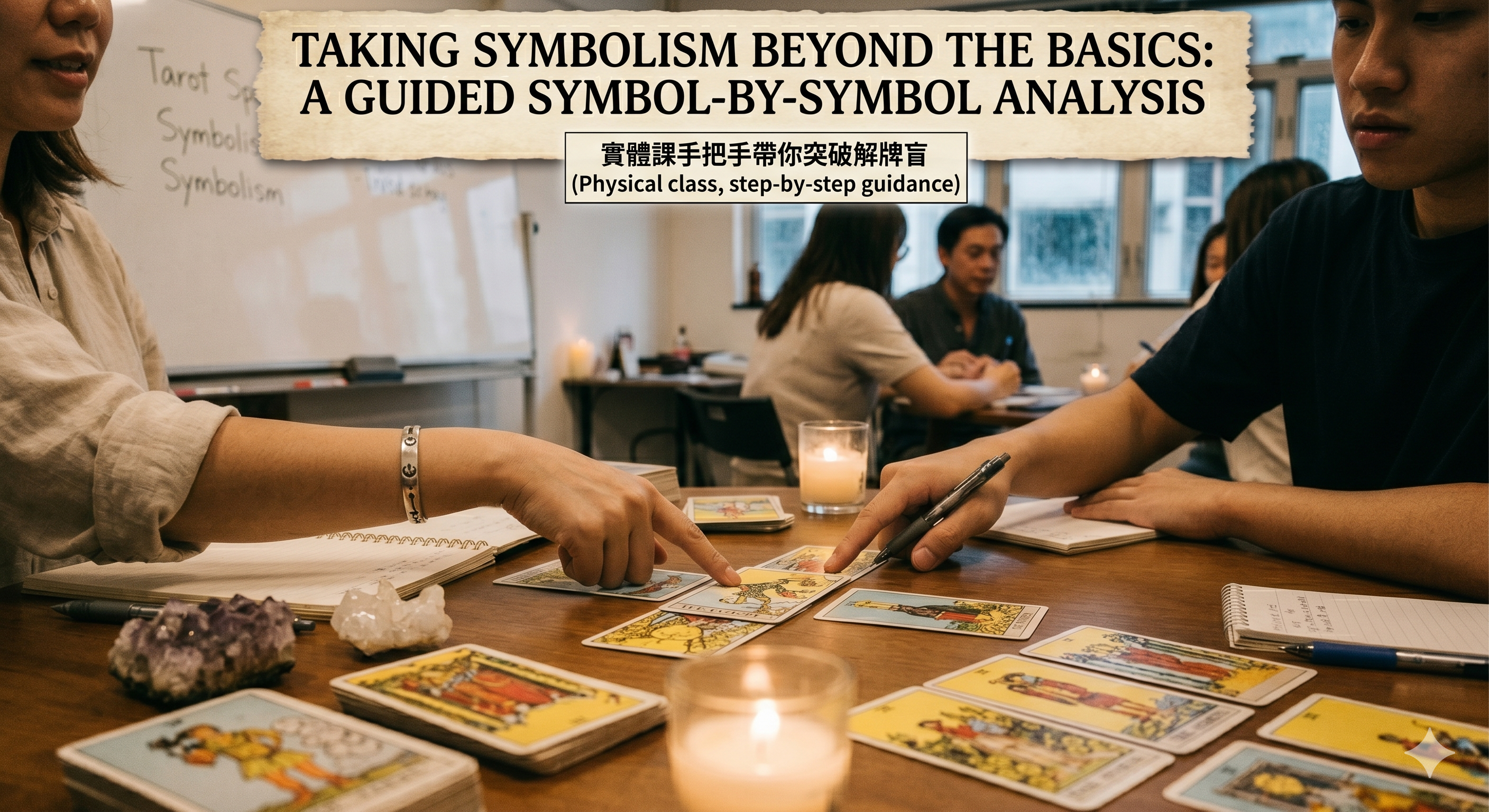一群人圍坐在一張桌子旁，桌上有塔罗牌、筆記本和蠟燭，他們正在參加一堂符號分析指導課。上方有一條橫幅，標示著課程名稱。.