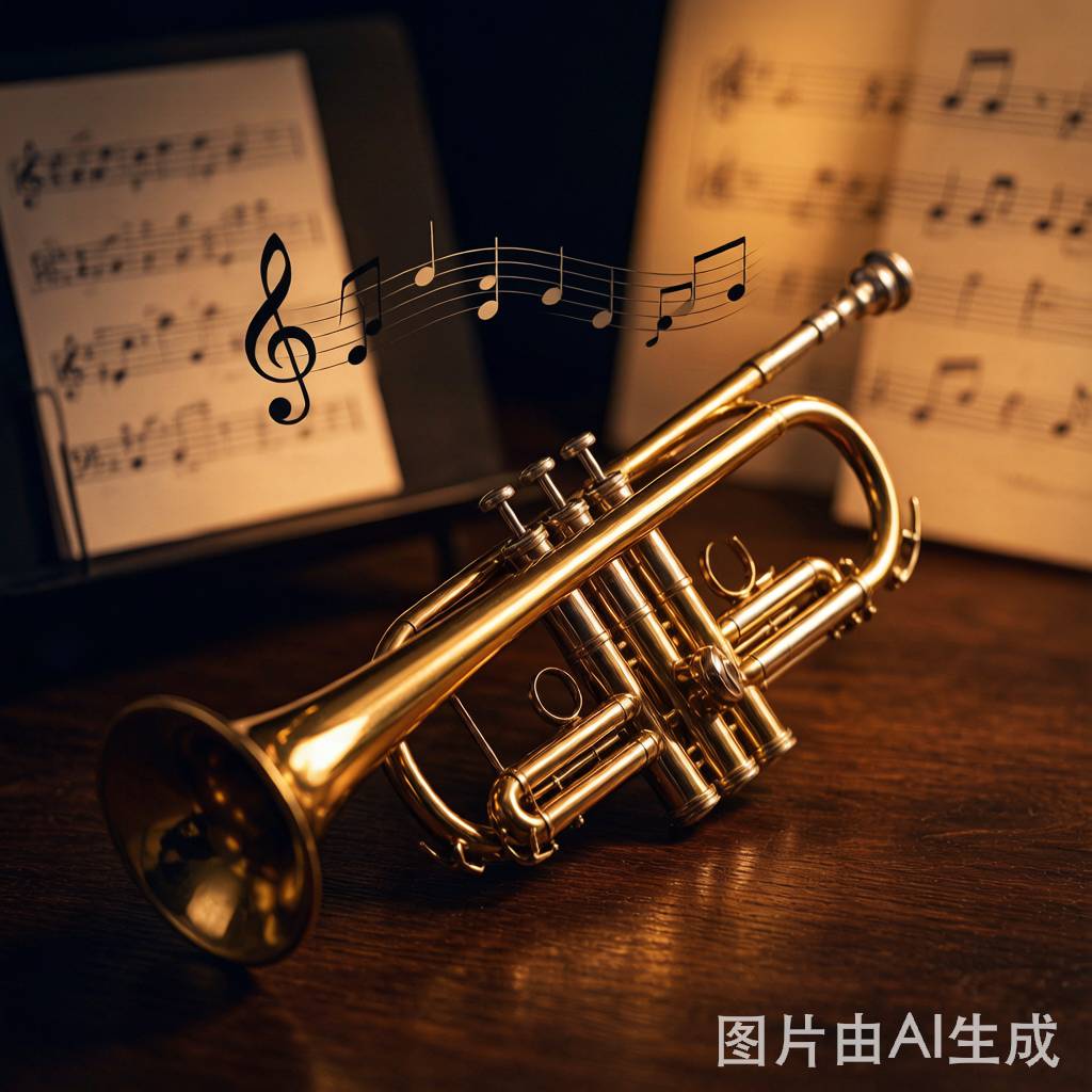 一支金色銅管小號放於桌面，背景有樂譜和音符在空氣中飄浮 | TutorSearch 小號教學封面圖