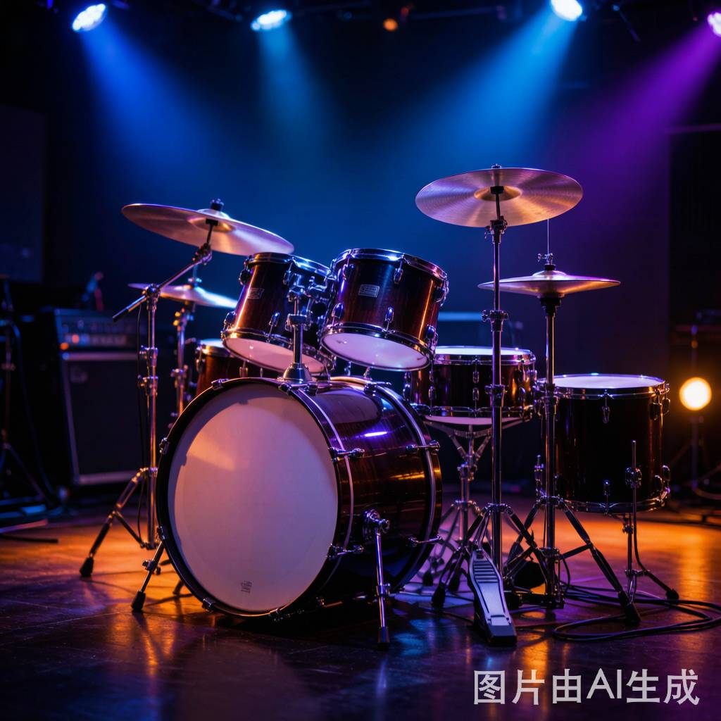 一套專業爵士鼓在深色舞台上，藍紫色舞台燈光照射，營造出充滿節奏感與音樂魅力的氛圍 - 架子鼓入門全攻略