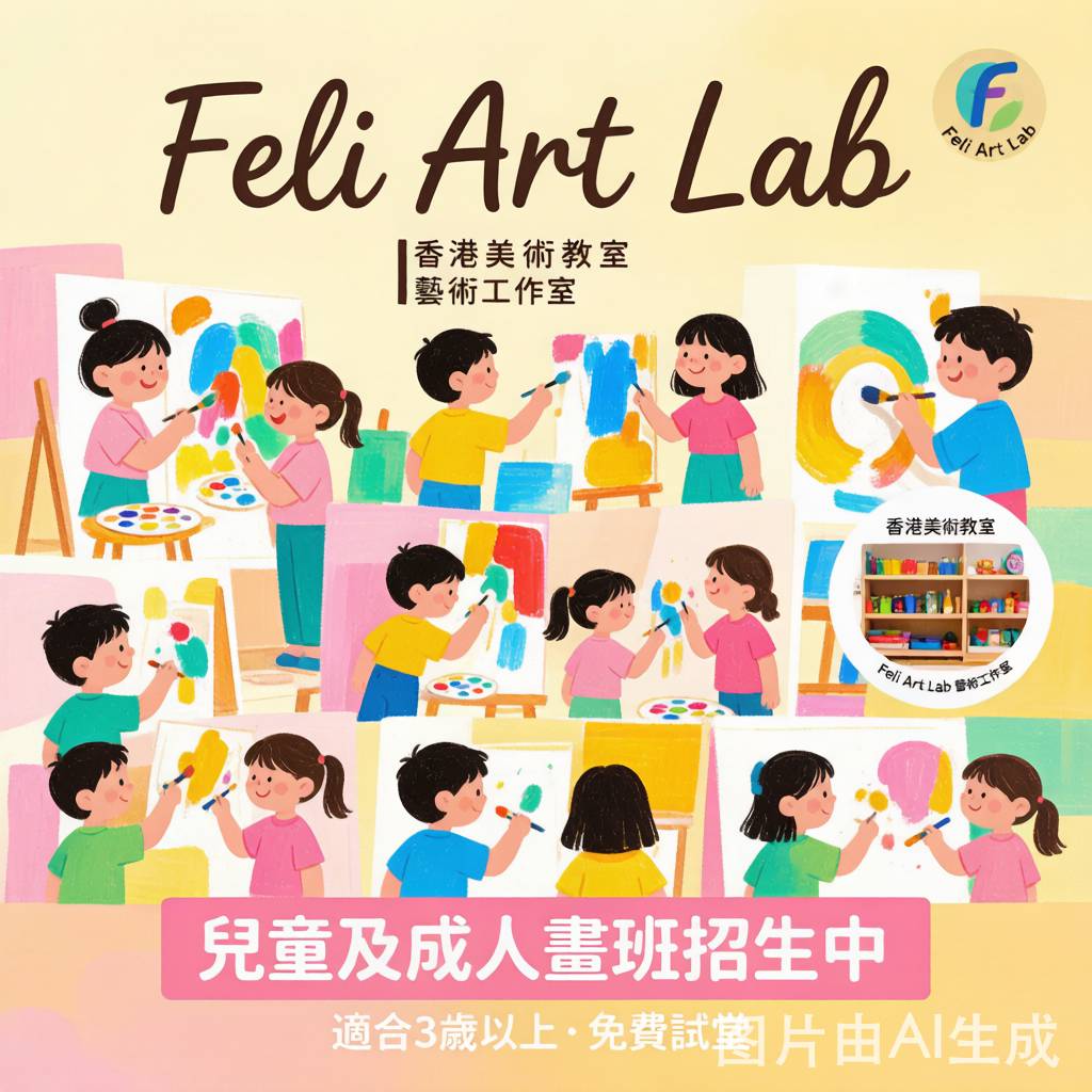 一張拼貼圖，畫面中兒童與成人正在藝術教室裡作畫，並附有宣傳「Feli Art Lab」藝術課程的中文文字。.