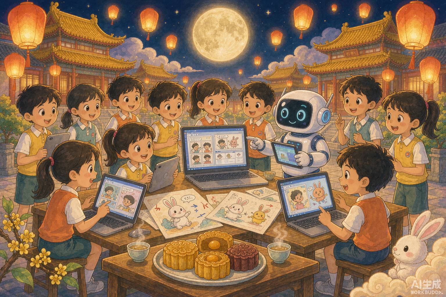 孩子們與可愛 AI 機器人圍坐，在中秋燈籠與滿月下用平板創作 AI 故事