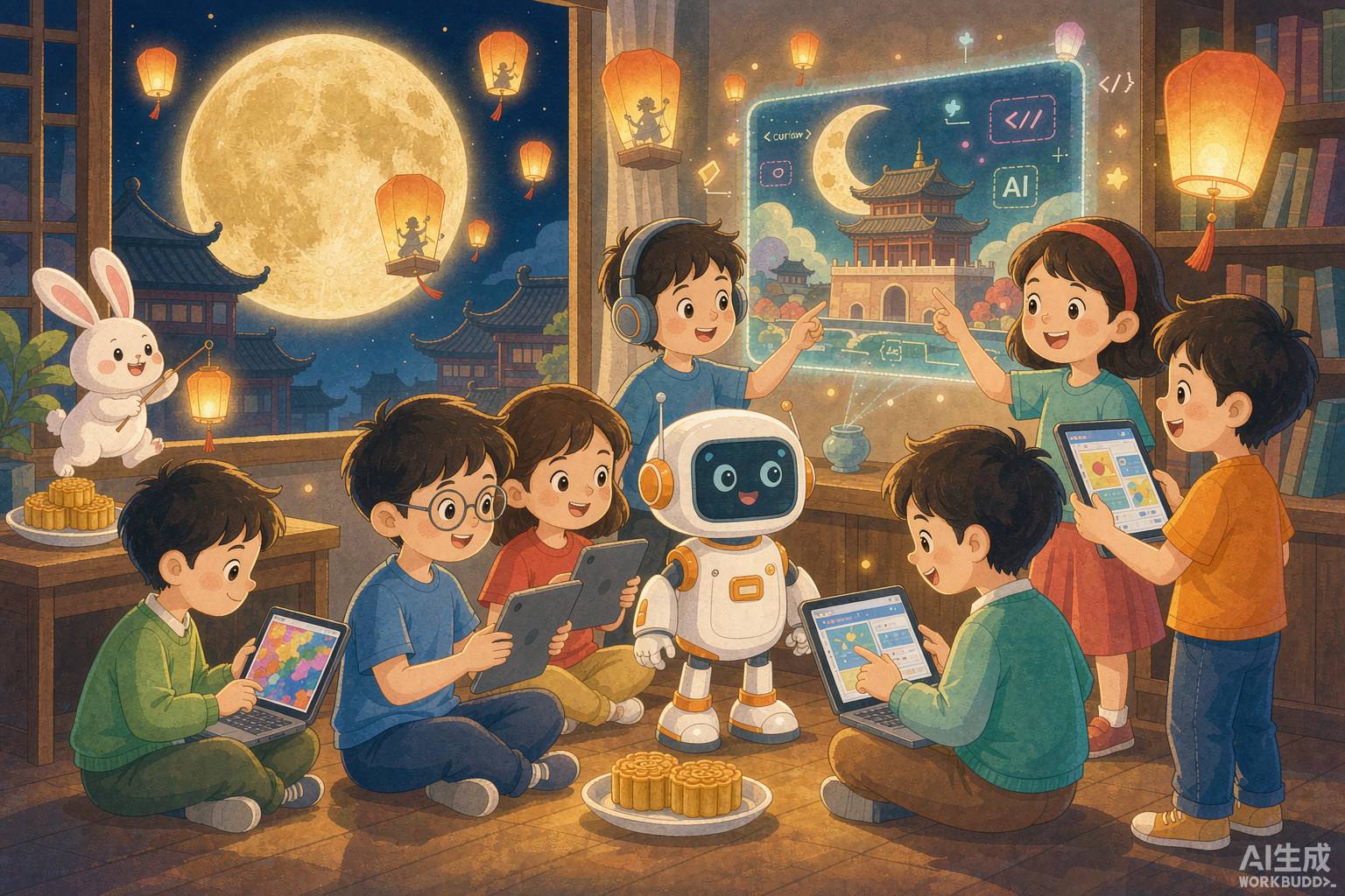中秋兒童AI課程封面圖——香港小學生在圓月與玉兔背景下學習生成式AI繪畫與編程啟蒙，機器人陪伴創作中秋數位故事