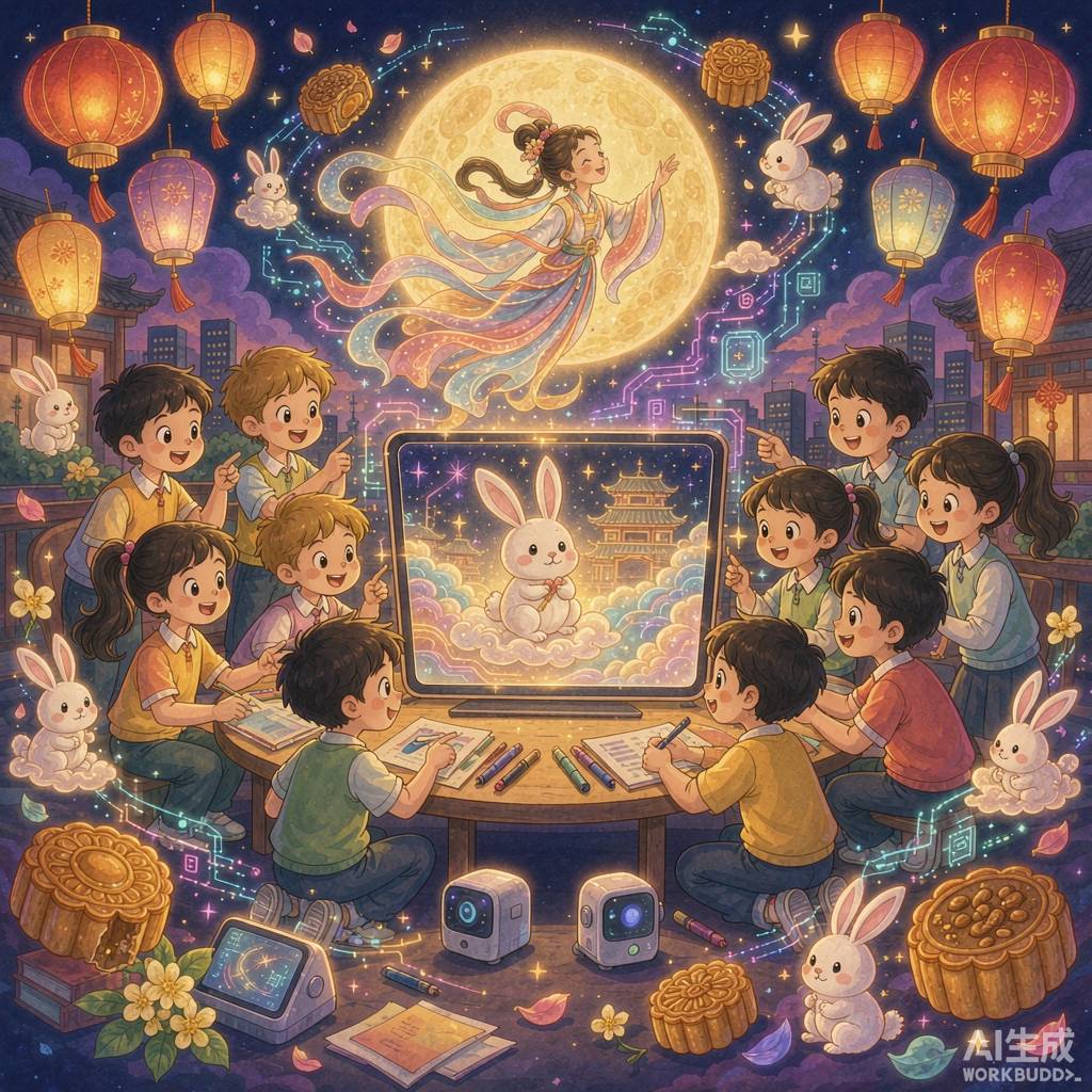 中秋兒童AI工作坊封面：香港小學生圍坐平板前，以生成式AI創作嫦娥飛向明月、玉兔與發光月宮的數位插畫，四周有月餅、紙燈籠與AI電路光點，深藍夜空配金色月亮，色彩溫暖歡樂