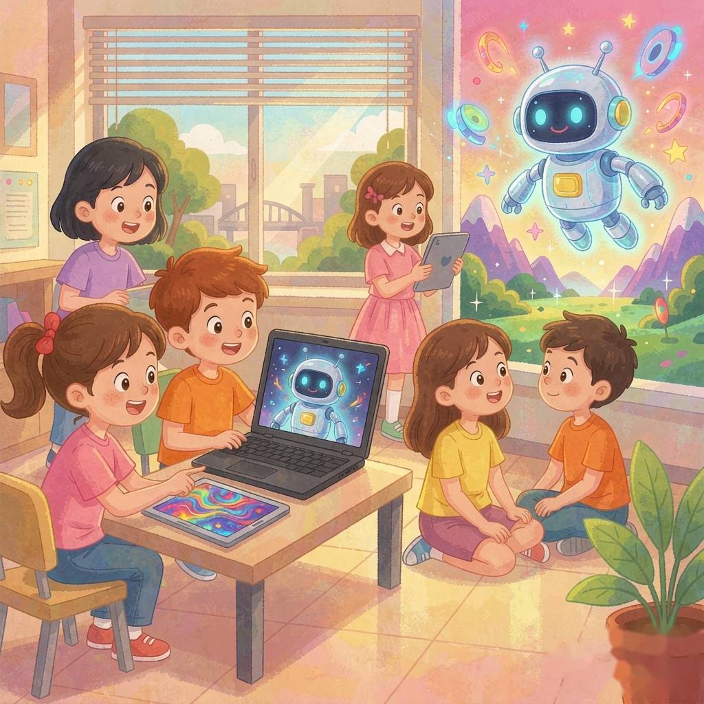 香港將軍澳兒童AI創作課程封面：小朋友喺明亮課室用平板電腦創作AI數碼藝術，畫面有友好機械人同繽紛奇幻生物，卡通風格